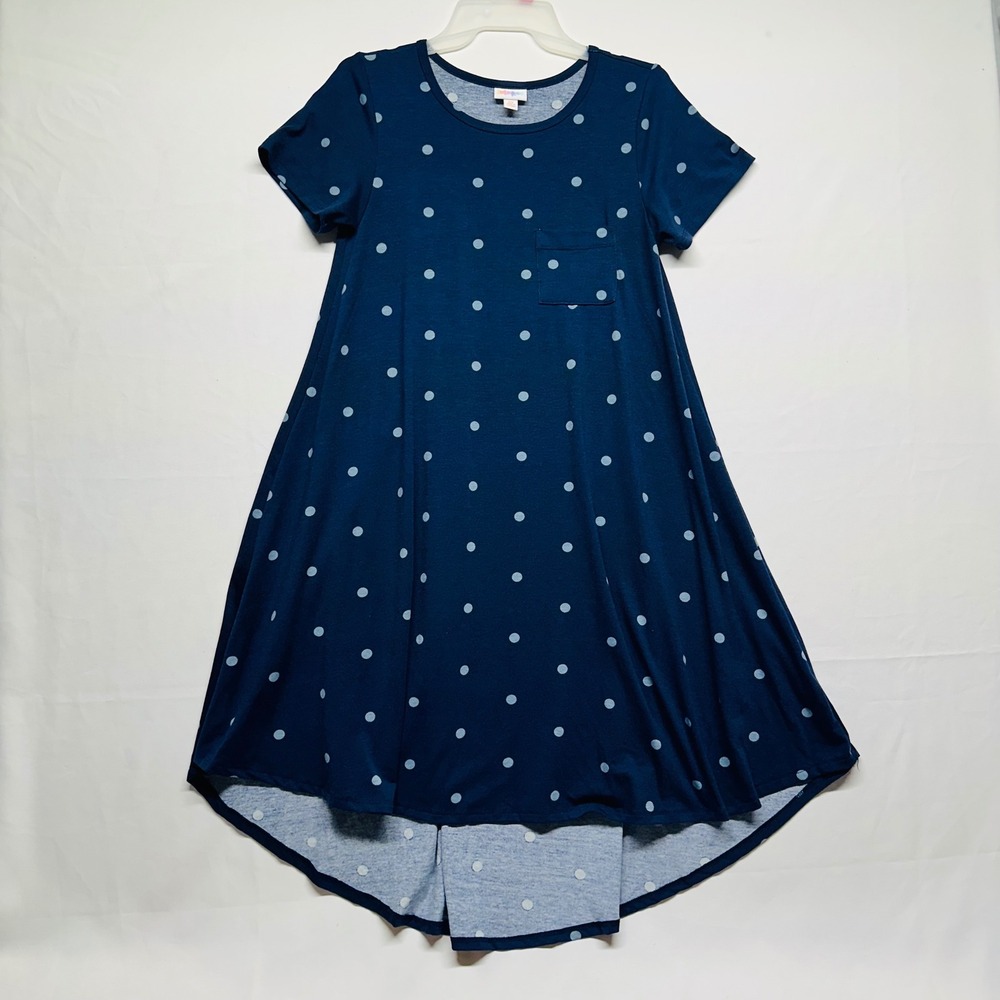 LuLaRoe Navy Blue Polka Dot Short‎ Sleeve Hi Low Swing Midi Dress Womens XS